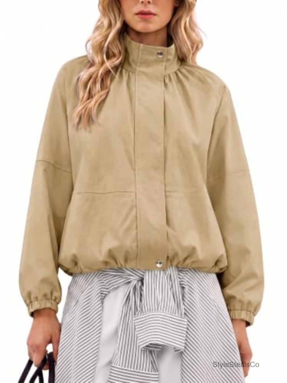 Women's Cropped Bomber Jacket Zip Up Stand Collar Casual Lightweight